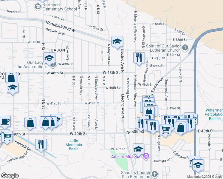 map of restaurants, bars, coffee shops, grocery stores, and more near 4596 North Mayfield Avenue in San Bernardino
