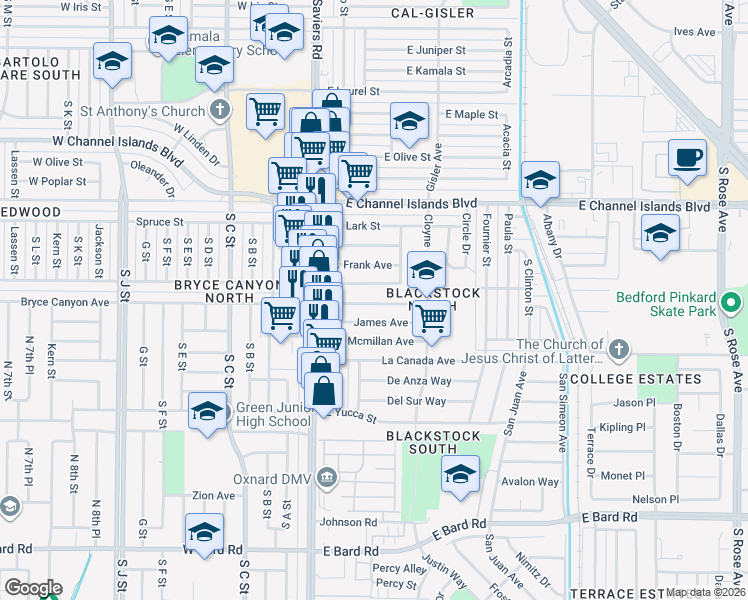 map of restaurants, bars, coffee shops, grocery stores, and more near 167 Thomas Avenue in Oxnard