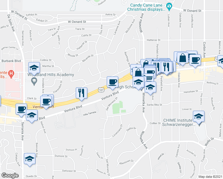 map of restaurants, bars, coffee shops, grocery stores, and more near 20301 Ventura Boulevard in Los Angeles