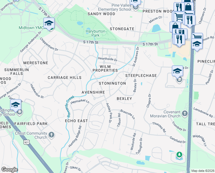 map of restaurants, bars, coffee shops, grocery stores, and more near 1417 Stonington Drive in Wilmington