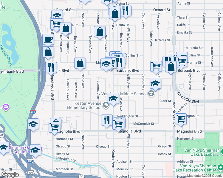 map of restaurants, bars, coffee shops, grocery stores, and more near 5453 Kester Avenue in Los Angeles