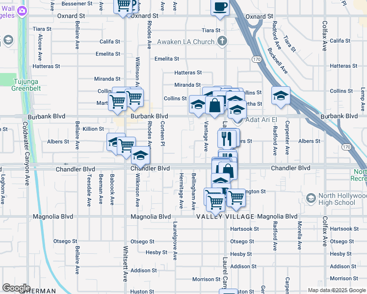 map of restaurants, bars, coffee shops, grocery stores, and more near 5449 Bellingham Avenue in Los Angeles