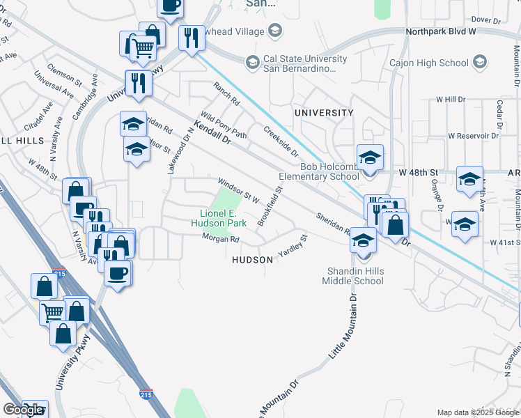 map of restaurants, bars, coffee shops, grocery stores, and more near 1505 Windsor Street West in San Bernardino
