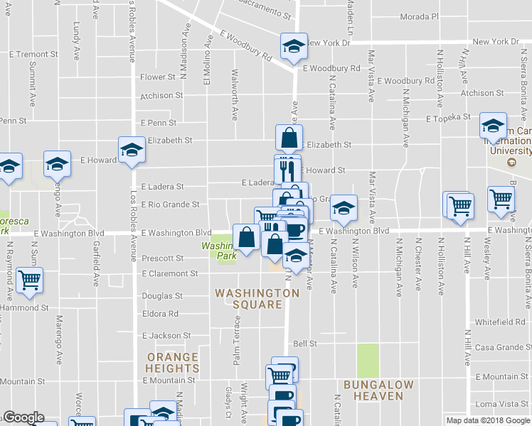 map of restaurants, bars, coffee shops, grocery stores, and more near 815 East Washington Boulevard in Pasadena
