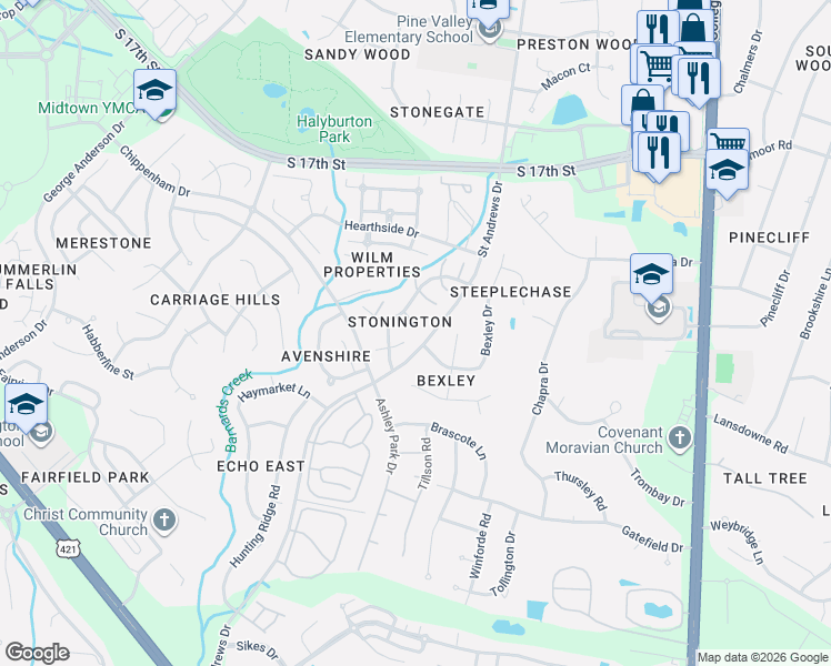 map of restaurants, bars, coffee shops, grocery stores, and more near 1401 Kellum Court in Wilmington
