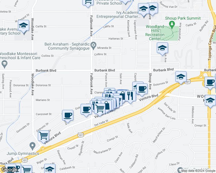 map of restaurants, bars, coffee shops, grocery stores, and more near 22654 Dolorosa Street in Los Angeles