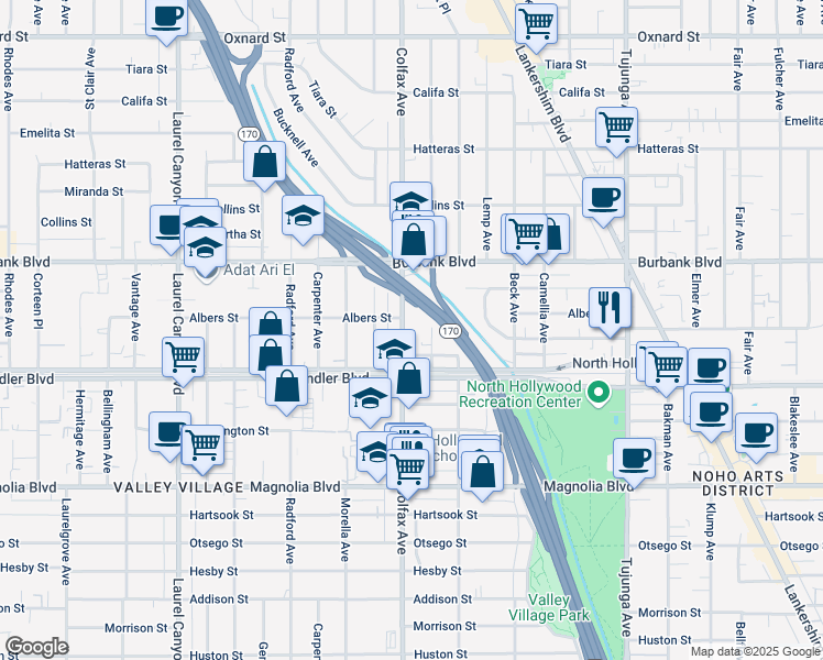 map of restaurants, bars, coffee shops, grocery stores, and more near 5444 Colfax Avenue in Los Angeles