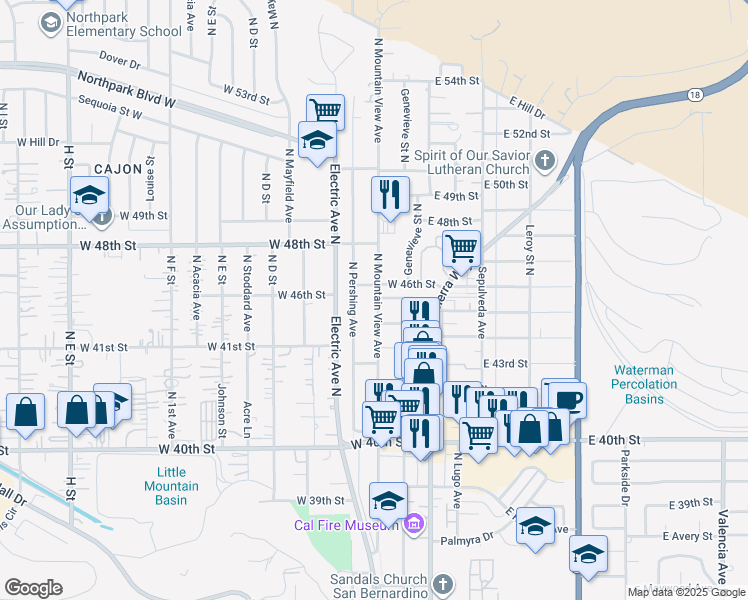 map of restaurants, bars, coffee shops, grocery stores, and more near 4558 North Mountain View Avenue in San Bernardino