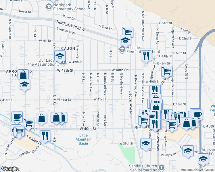 map of restaurants, bars, coffee shops, grocery stores, and more near 4593 N Stoddard Ave in San Bernardino
