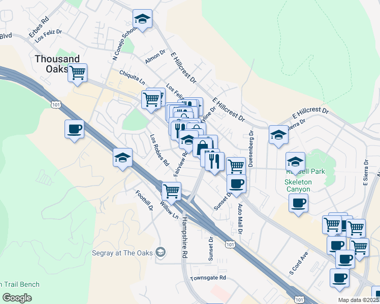 map of restaurants, bars, coffee shops, grocery stores, and more near in Thousand Oaks