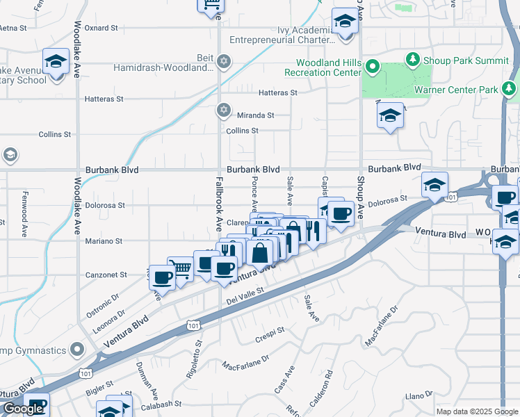 map of restaurants, bars, coffee shops, grocery stores, and more near 22654 Dolorosa Street in Los Angeles