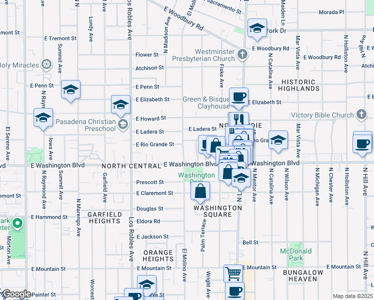 map of restaurants, bars, coffee shops, grocery stores, and more near 1396 North El Molino Avenue in Pasadena