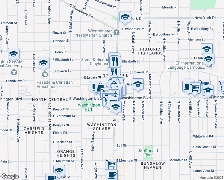 map of restaurants, bars, coffee shops, grocery stores, and more near 1405 North Lake Avenue in Pasadena