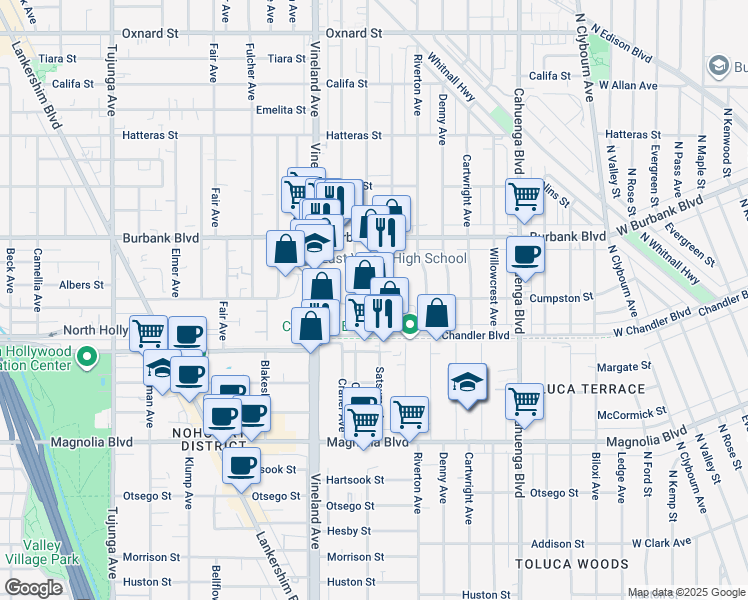 map of restaurants, bars, coffee shops, grocery stores, and more near 5447 Satsuma Avenue in Los Angeles