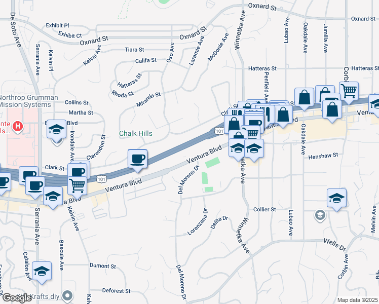 map of restaurants, bars, coffee shops, grocery stores, and more near 20251 Ventura Boulevard in Los Angeles