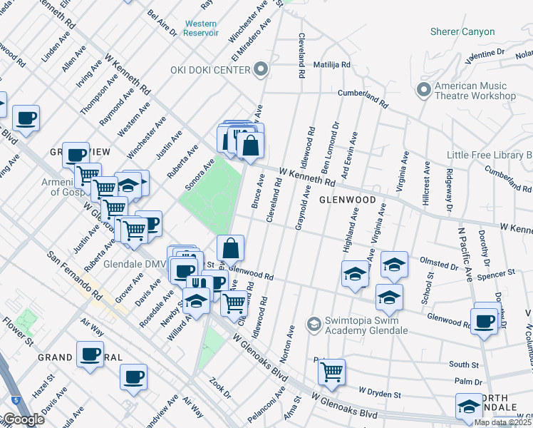 map of restaurants, bars, coffee shops, grocery stores, and more near 1411 Cleveland Road in Glendale
