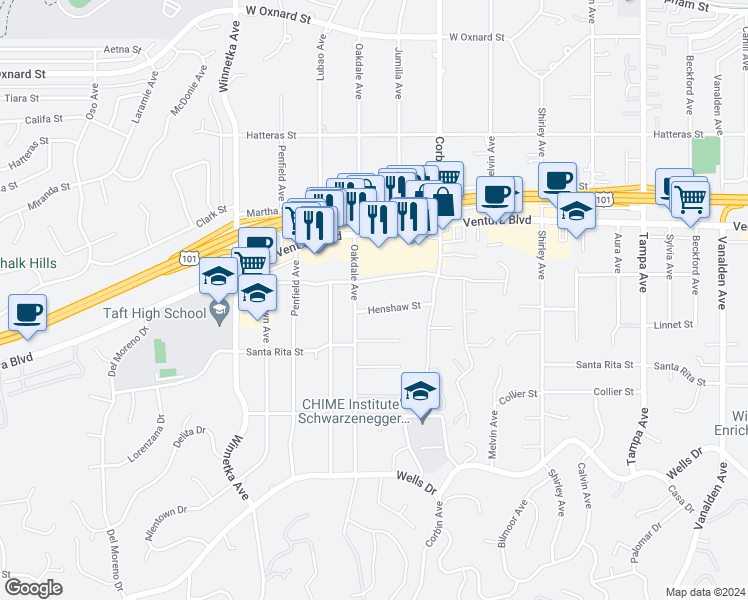 map of restaurants, bars, coffee shops, grocery stores, and more near 19821 Henshaw Street in Los Angeles