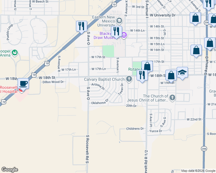map of restaurants, bars, coffee shops, grocery stores, and more near 125 New Mexico Drive in Portales
