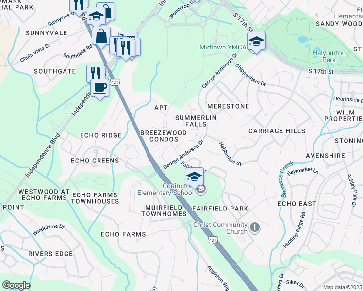 map of restaurants, bars, coffee shops, grocery stores, and more near 4119 Breezewood Drive in Wilmington
