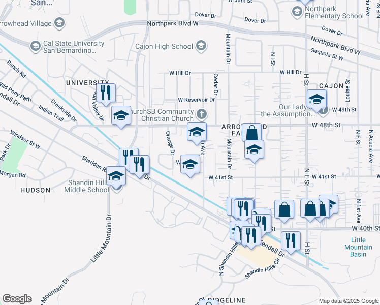 map of restaurants, bars, coffee shops, grocery stores, and more near 4158 North 4th Avenue in San Bernardino