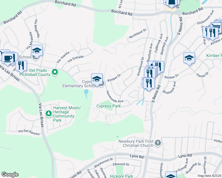 map of restaurants, bars, coffee shops, grocery stores, and more near 491 South Danville Avenue in Thousand Oaks