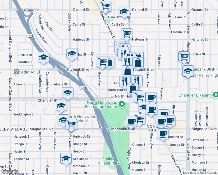 map of restaurants, bars, coffee shops, grocery stores, and more near 5444 Camellia Avenue in Los Angeles