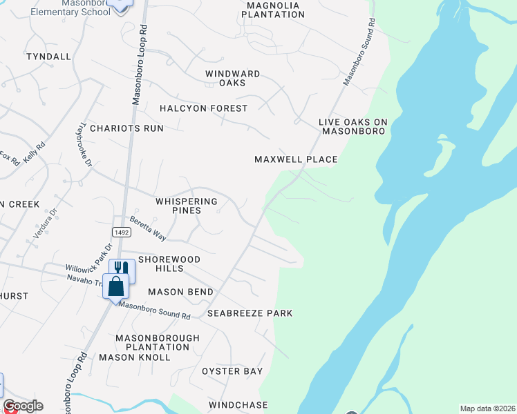 map of restaurants, bars, coffee shops, grocery stores, and more near 7804 Masonboro Sound Road in Wilmington