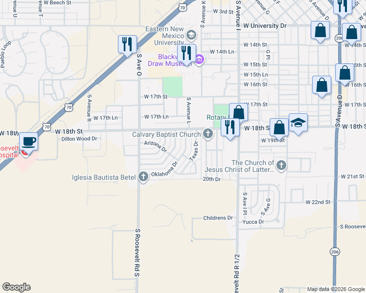 map of restaurants, bars, coffee shops, grocery stores, and more near 124 Oklahoma Drive in Portales
