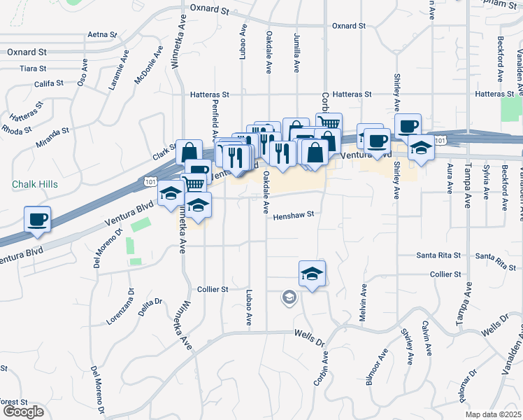 map of restaurants, bars, coffee shops, grocery stores, and more near 5451 Oakdale Avenue in Los Angeles