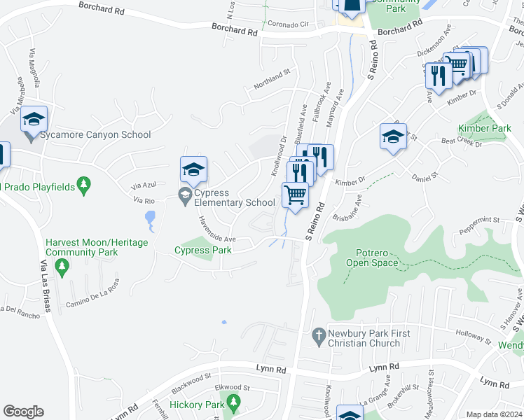 map of restaurants, bars, coffee shops, grocery stores, and more near 3889 Angeline Street in Thousand Oaks