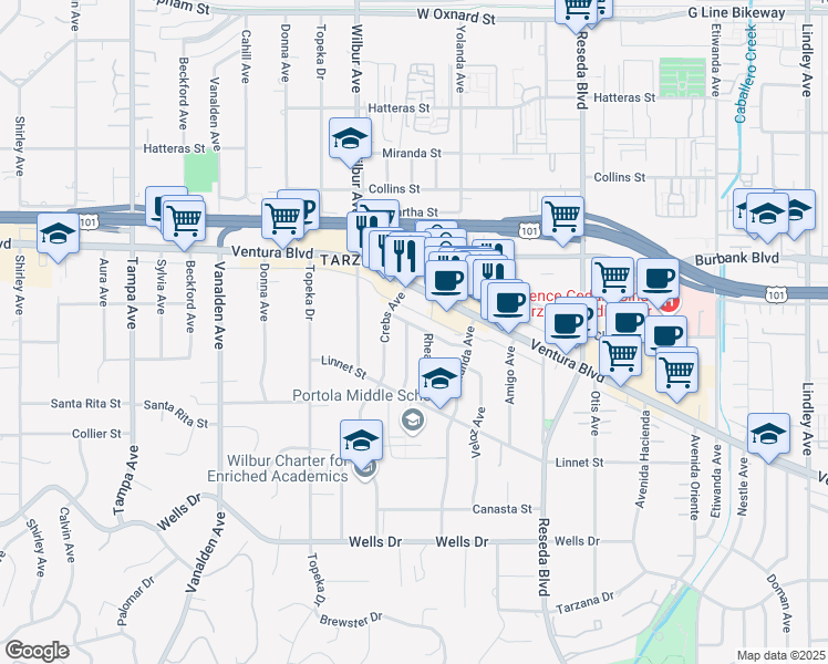 map of restaurants, bars, coffee shops, grocery stores, and more near 5436 Geyser Avenue in Los Angeles