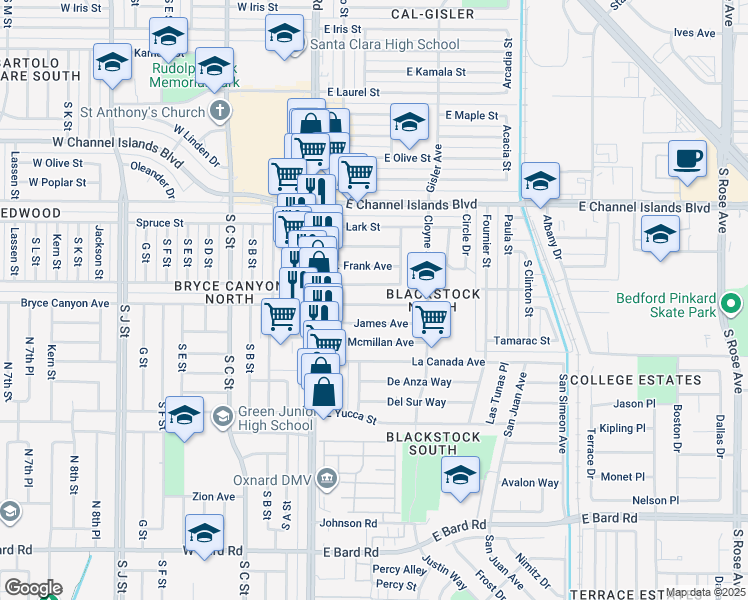 map of restaurants, bars, coffee shops, grocery stores, and more near 167 Thomas Avenue in Oxnard