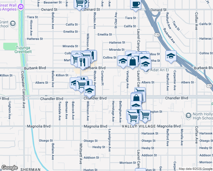 map of restaurants, bars, coffee shops, grocery stores, and more near 5444 Corteen Place in Los Angeles