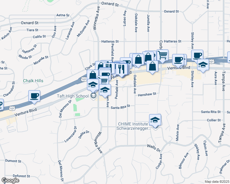 map of restaurants, bars, coffee shops, grocery stores, and more near 5463 Penfield Avenue in Los Angeles