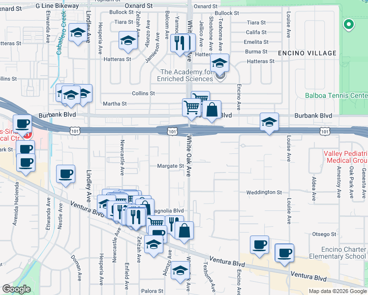 map of restaurants, bars, coffee shops, grocery stores, and more near 5447 White Oak Avenue in Los Angeles