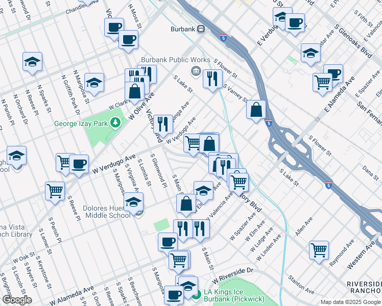 map of restaurants, bars, coffee shops, grocery stores, and more near 502 South Victory Boulevard in Burbank