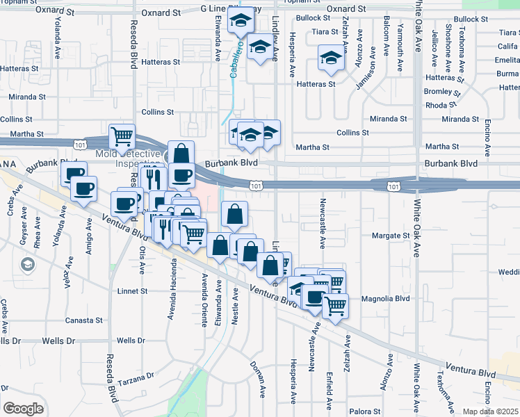 map of restaurants, bars, coffee shops, grocery stores, and more near 5445 Lindley Avenue in Tarzana