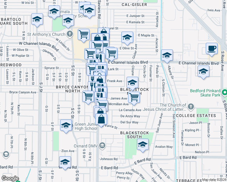 map of restaurants, bars, coffee shops, grocery stores, and more near 167 Thomas Avenue in Oxnard