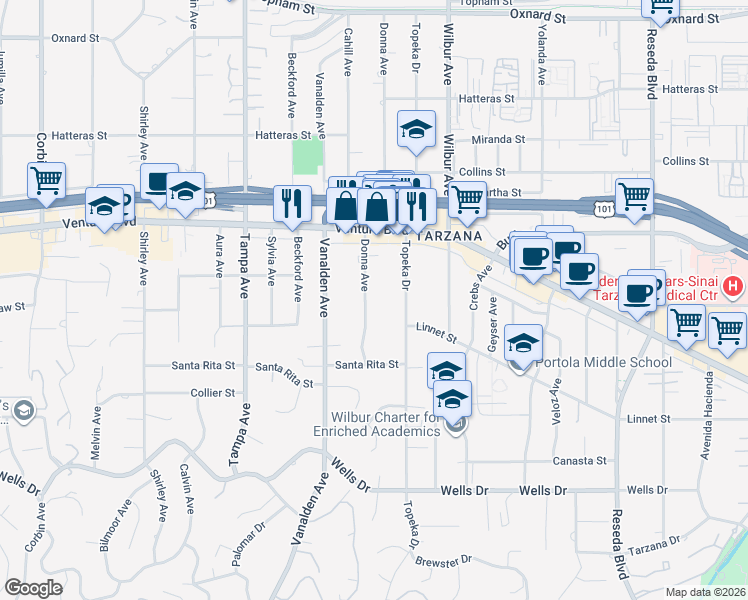 map of restaurants, bars, coffee shops, grocery stores, and more near 5430 Donna Avenue in Los Angeles