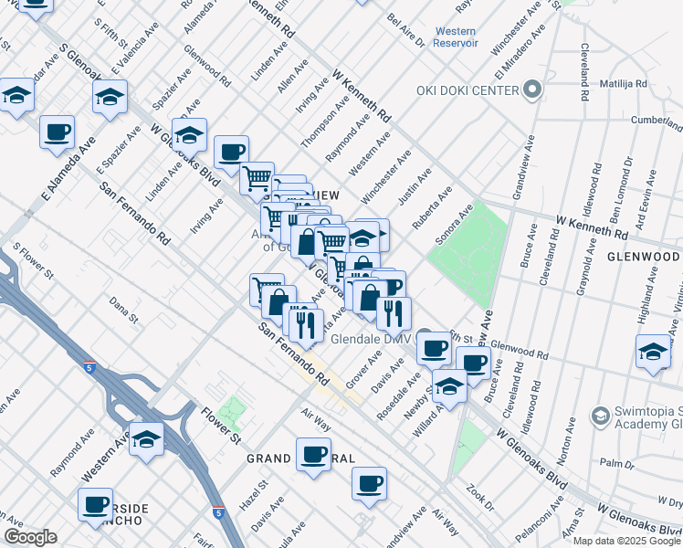 map of restaurants, bars, coffee shops, grocery stores, and more near 1108 Justin Avenue in Glendale