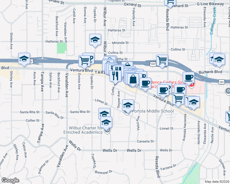 map of restaurants, bars, coffee shops, grocery stores, and more near 5436 Crebs Avenue in Los Angeles