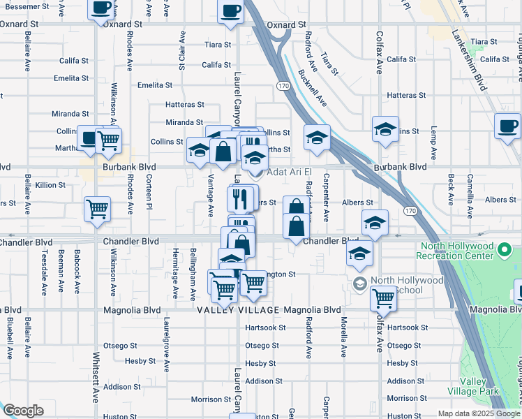 map of restaurants, bars, coffee shops, grocery stores, and more near 5444 Agnes Avenue in Los Angeles
