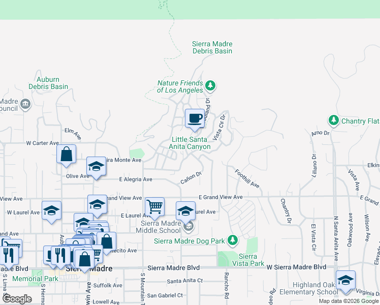 map of restaurants, bars, coffee shops, grocery stores, and more near 475 Sturtevant Drive in Sierra Madre
