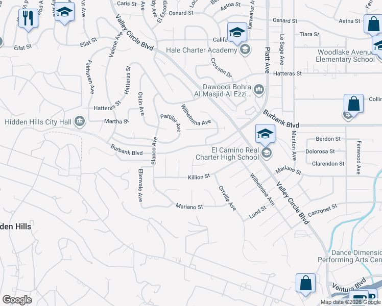 map of restaurants, bars, coffee shops, grocery stores, and more near 5453 Lockhurst Drive in Los Angeles