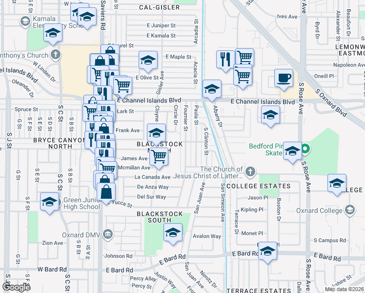 map of restaurants, bars, coffee shops, grocery stores, and more near 3213 Fournier Street in Oxnard