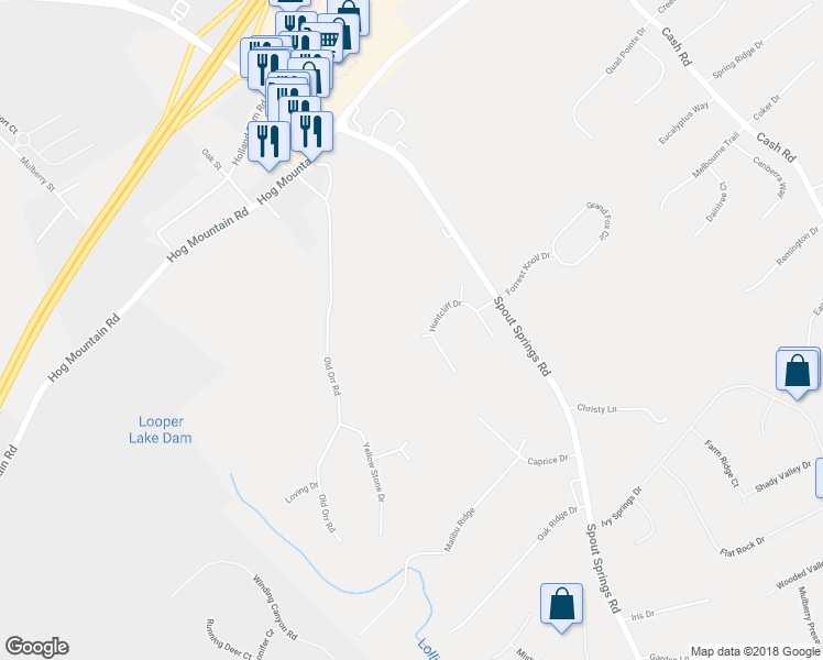 map of restaurants, bars, coffee shops, grocery stores, and more near 6274 Bay Lane in Flowery Branch