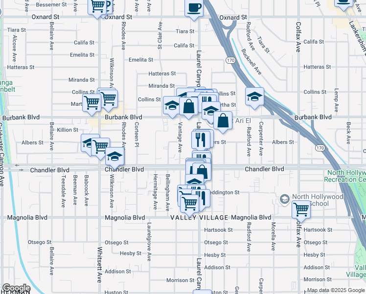 map of restaurants, bars, coffee shops, grocery stores, and more near 5448 Vantage Avenue in Los Angeles
