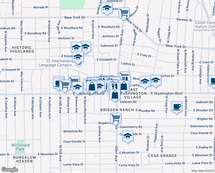 map of restaurants, bars, coffee shops, grocery stores, and more near 1387 North Dominion Avenue in Pasadena