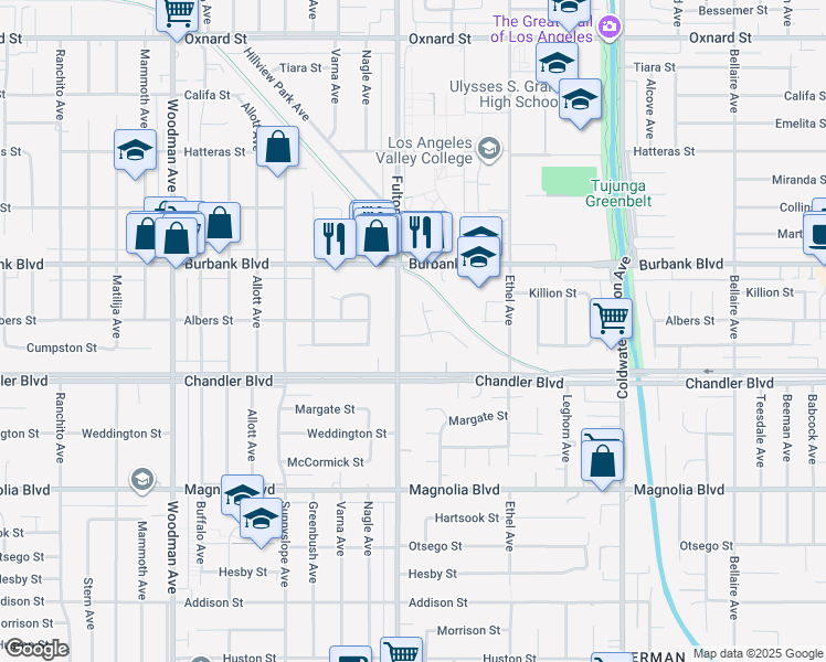 map of restaurants, bars, coffee shops, grocery stores, and more near 13265 Cumpston Street in Los Angeles