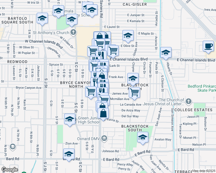 map of restaurants, bars, coffee shops, grocery stores, and more near 111 Thomas Ave in Oxnard
